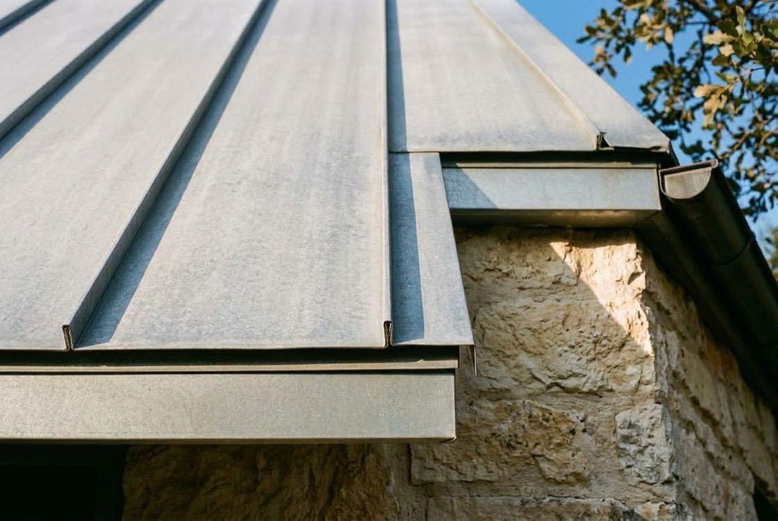 Eave and rake edge of a bare Galvalume standing seam roof meeting a cut-limestone wall on a Hill Country house