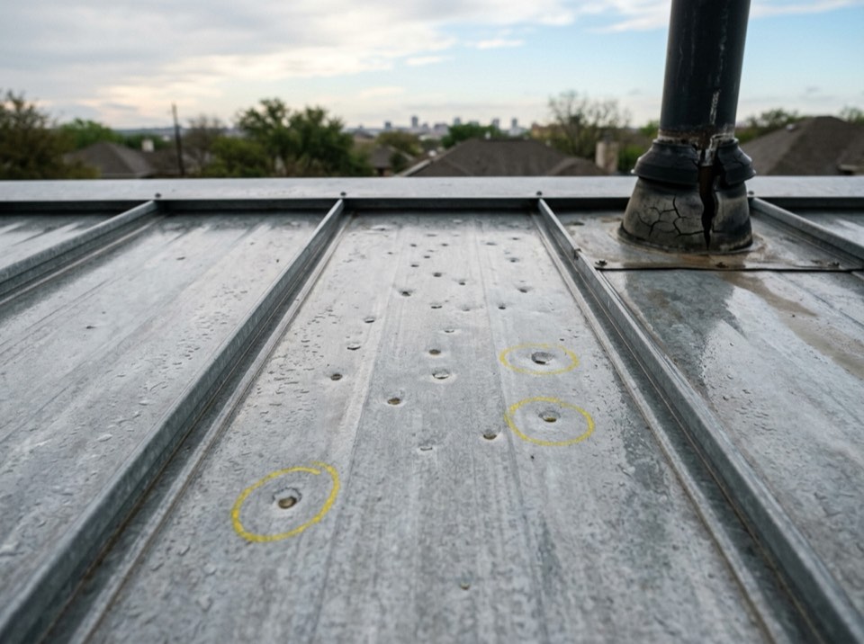 Hail dents circled in yellow crayon on a bare Galvalume standing seam panel, with a split plumbing vent boot, the morning after a San Antonio storm